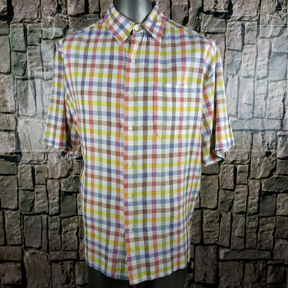 Alan Flusser Button Down Shirt Plaid Short Sleeve